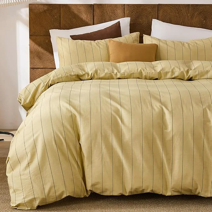 Environmentally Friendly Merryword Yellow Striped Duvet Cover Set King Size Natural Cotton Bedding Set with Zipper Closure amp 8 Corner Ties Soft Breathable Luxury Linen Like Bedding for All Seasons Official