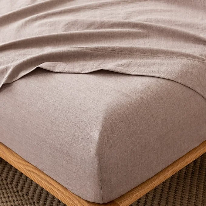 Natural MooMee Fitted Bottom Sheet Only Washed Cotton Linen Like Textured Breathable Durable Soft Comfy Deep Pocket Fits Mattress up to 17 quot Mauve Brown Twin Refined