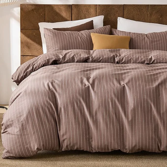 Traditional Merryword Cotton Duvet Cover Set Queen Size Brown Pinstripe Bedding Set with 2 Pillowcases Soft Breathable Comforter Cover Natural Cotton Linen Like Bedding Set for Cozy Home Bedroom Versatile