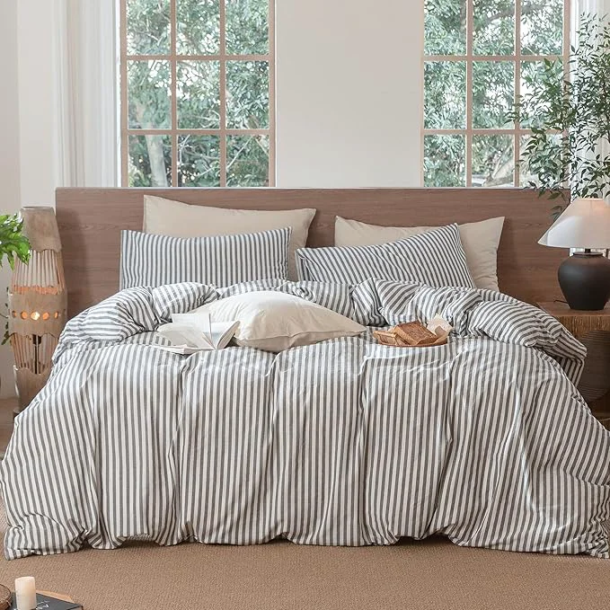Trendy MooMee Striped Duvet Cover Set Washed Cotton Linen Like Textured Breathable Durable Soft Comfy Dark Grey White Classic Stripes Alaska King 132 quot x120 quot Certified