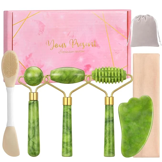 Casual 6Pcs Jade Roller for Face Gua Sha Facial Tools for Women Natural Face Roller Genuine