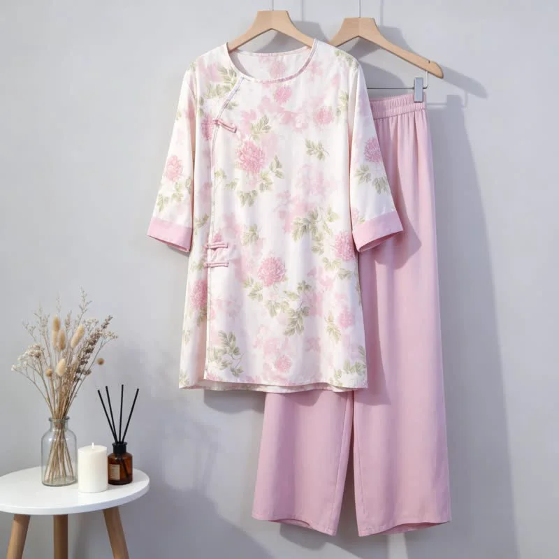 Responsible Ownkoti Elegant Chrysanthemum Eastern-Inspired Loungewear Set User-Friendly