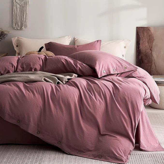 JELLYMONI Washed Cotton Duvet Cover Twin – Soft Breathable Linen-Look Bedding with Natural Wrinkle Texture Button Closure 2-Piece Set Deep Rose 68 quot x90 quot Contemporary
