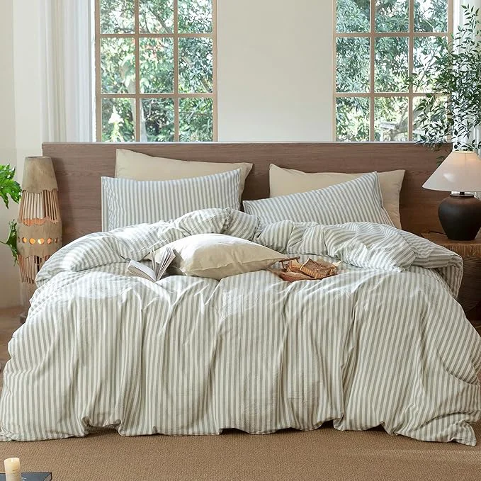 Enhanced MooMee Striped Duvet Cover Set Washed Cotton Linen Like Textured Breathable Durable Soft Comfy Sage Green White Classic Stripes Super Queen 90 quot x98 quot Flexible