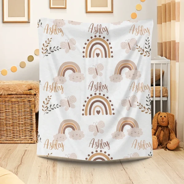 Detailed Boho Rainbow Personalized Kids Blanket – Custom Name Nursery Blanket Exclusive