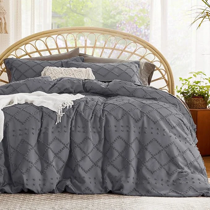 Long-Lasting Bedsure Boho Duvet Cover Queen Size - Dark Grey Breathable amp Soft Boho Bedding Machine Washable Comforter Cover for All Seasons Includes 1 Duvet Cover 90 quot x90 quot with 2 Pillow Shams amp Zipper Closure Easy-to-Use