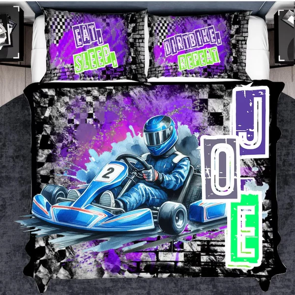 Functional Personalized Go Karting Quilt Cover – Custom Racing Bedding for Kids amp Adults Secure