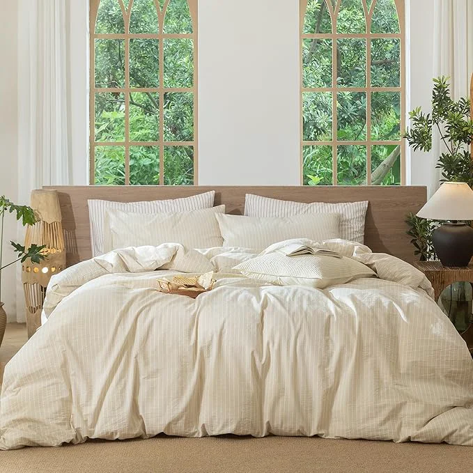 Quality MooMee Striped Duvet Cover Set Washed Cotton Linen Like Textured Breathable Durable Soft Comfy Almond Milk Grey White Wide Stripes Palatial King Oversized King 120 quot x98 quot Carefully Designed