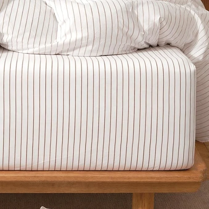 Natural MooMee Stripes Fitted Bottom Sheet Only Washed Cotton Linen Like Textured Breathable Durable Soft Comfy Deep Pocket White Almond Milk Grey Wide Stripes Queen