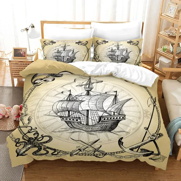 Durable Pirate Nautical Duvet Cover Set – Sailboat Island Treasure Beach Bedding High-Grade