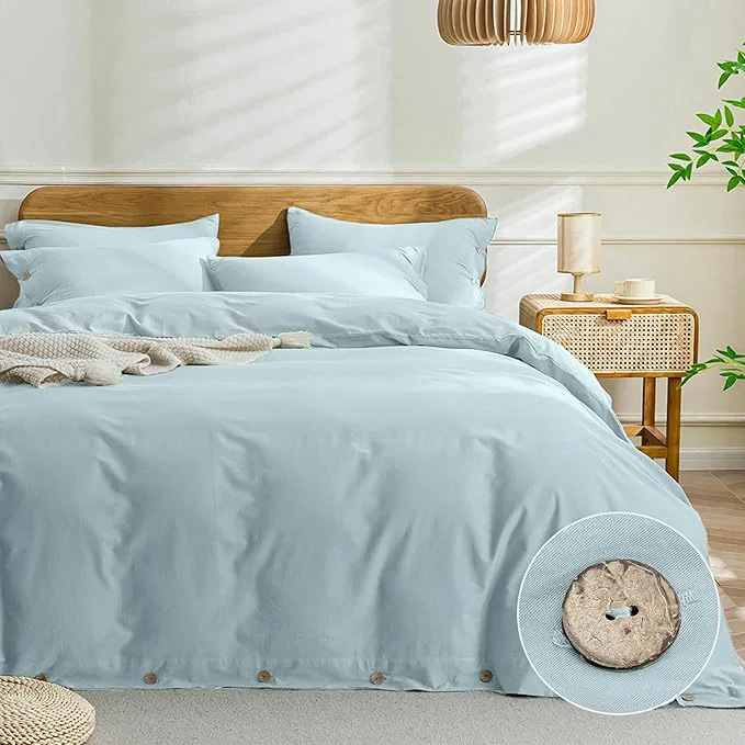 Verified JELLYMONI Cotton Duvet Cover Cal King Size - Light Blue Comforter Cover with Button Washed Cotton 3PCS Breathable Soft Solid Bedding Set Duvet Cover 104×98in amp 2 Pillowcases NO Comforter Genuine