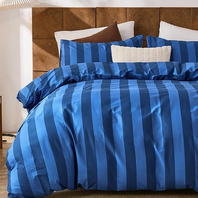 Original Merryword Blue Striped Duvet Cover Set King Size Natural Cotton Linen Like Duvet Cover Set with Zipper Closure amp 8 Corner Ties Dark Blue Soft Reversible Bedding for All Seasons Top-Quality