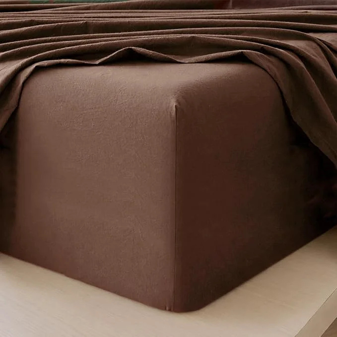 Responsible MooMee Fitted Bottom Sheet Only Washed Cotton Linen Like Textured Breathable Durable Soft Comfy Deep Pocket Fits Mattress up to 17 quot Cocoa Brown Twin