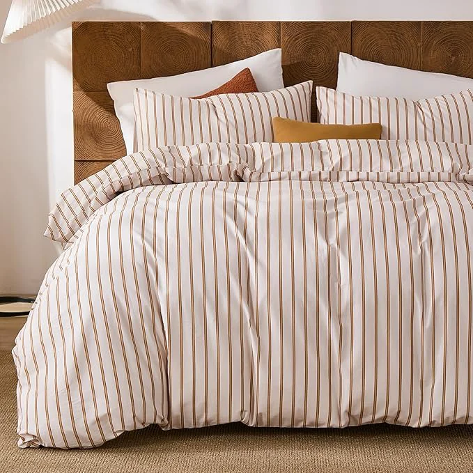 Quality Merryword Striped Duvet Cover Set King Size 3 Pieces Cotton Duvet Cover Set with Beige and Terracotta Vertical Stripe Design Soft Lightweight Reversible Bedding Set for All Seasons Durable