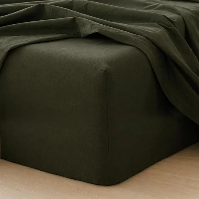Pure MooMee Fitted Bottom Sheet Only Washed Cotton Linen Like Textured Breathable Durable Soft Comfy Deep Pocket Fits Mattress up to 17 quot Olive Green King Trendy