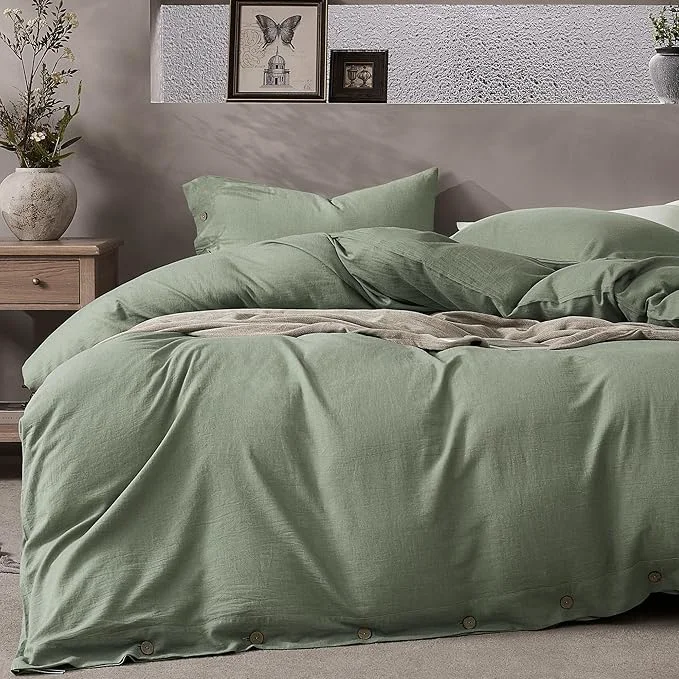 Fine Crafted JELLYMONI Cotton Duvet Cover Twin Size - Sage Green Comforter Cover with Button Washed Cotton 2PCS Breathable Soft Solid Bedding Set Duvet Cover 68×90in amp 1 Pillowcases NO Comforter Stylish