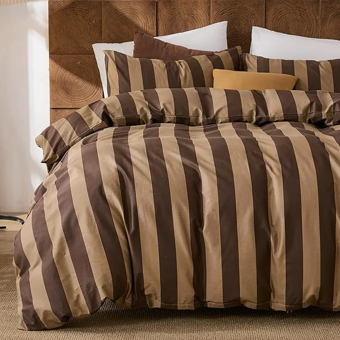 Artisan Merryword Brown Striped Duvet Cover Set Queen Size Natural Cotton Linen Like Duvet Cover Set with Zipper Closure amp 8 Corner Ties Brown Khaki Soft Reversible Bedding for All Seasons User-Friendly