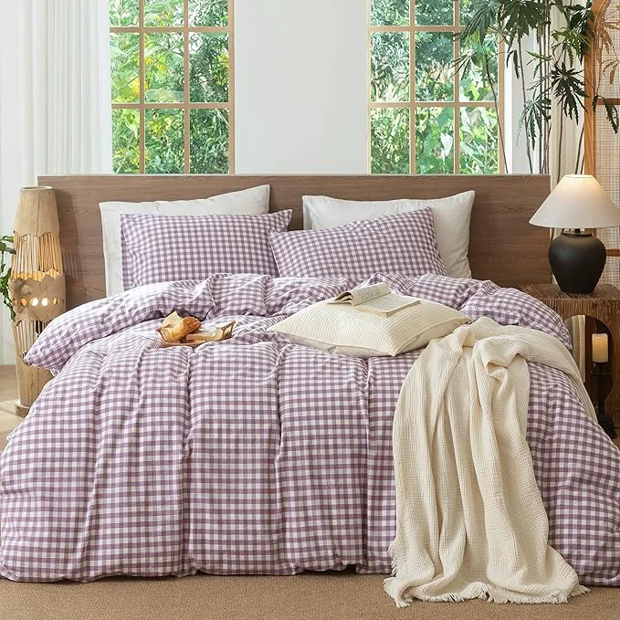 Innovative MooMee Gingham Duvet Cover Set Washed Cotton Linen Like Textured Breathable Durable Soft Comfy Modern Checkered Design Classic Gingham Light Purple Cal King 104 quot x98 quot Easy-to-Use