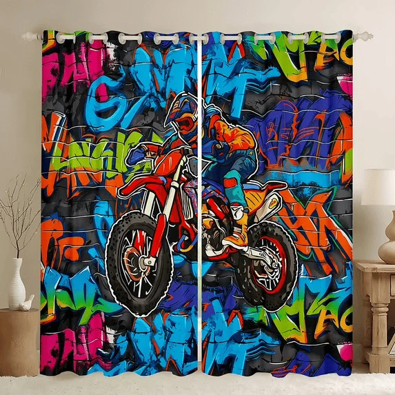 Certified Graffiti Motocross Rider Curtains - Extreme Sports Window Drapes for Dirt Bike Fans Consistent