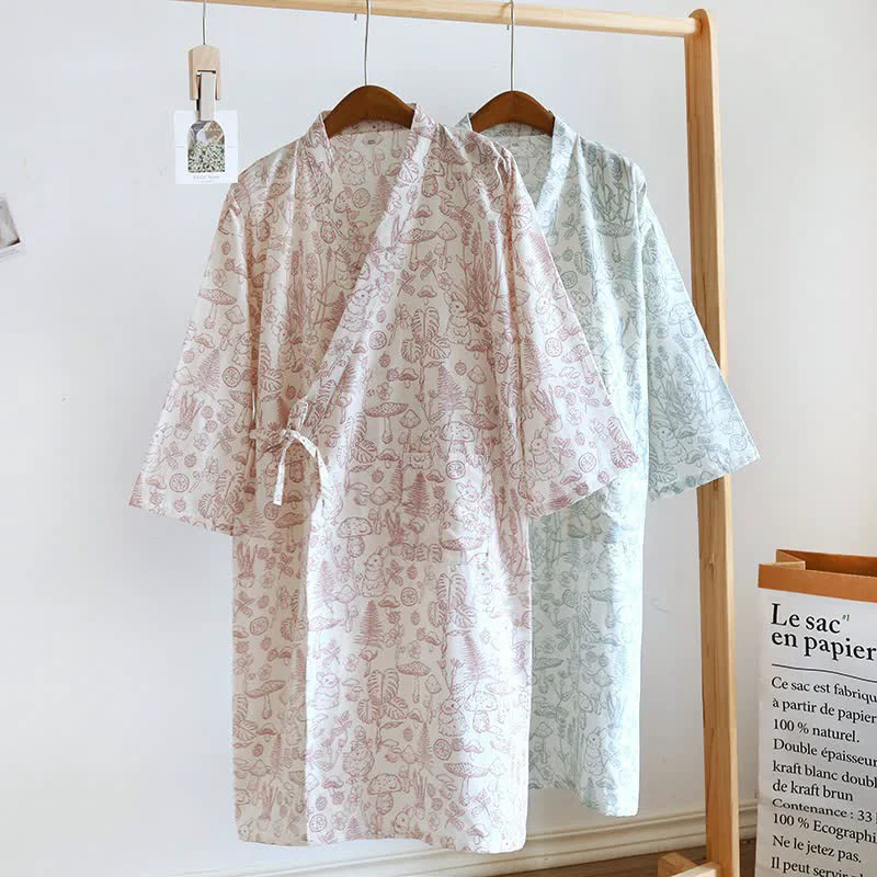 Comfortable Ownkoti Mushroom amp Bunny Cotton Gauze Kimono Robe High-Performance