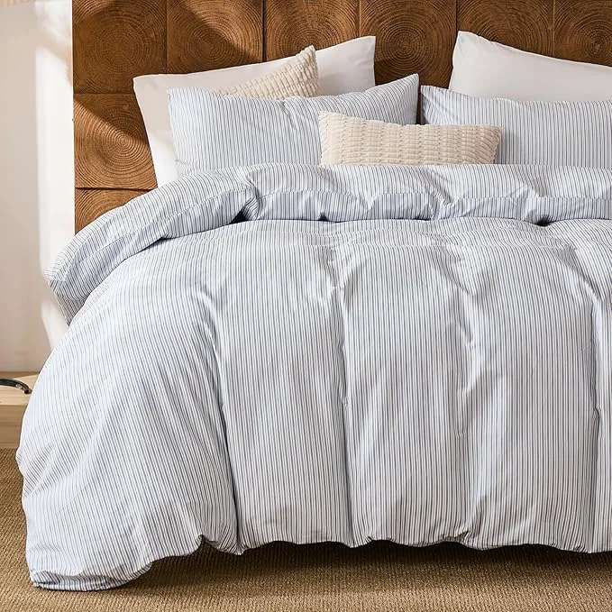 Verified Merryword Striped Duvet Cover Set Queen Size - Cotton Duvet Cover Set with Zipper Closure amp 8 Corner Ties Blue Pinstripe Bedding Set 3 Pieces Soft Linen Like Bedding Set for All Seasons Fine Crafted
