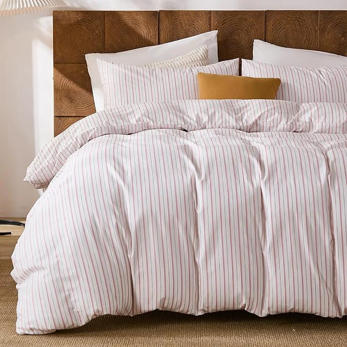 Responsible Merryword Cotton Duvet Cover Set King Size - White amp Pink Stripes Duvet Cover with Pillowcases Soft Breathable Bedding Set Modern Minimalist Pinstripe Comforter Cover for All Seasons High-Quality