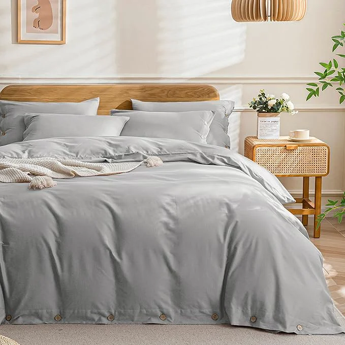 Genuine JELLYMONI Cotton Duvet Cover King Size - Light Gray Comforter Cover with Button Washed Cotton 3PCS Breathable Soft Solid Bedding Set Duvet Cover 104×90in amp 2 Pillowcases NO Comforter Elite