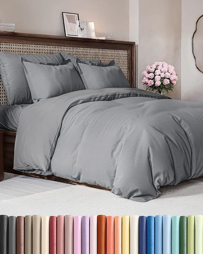 Powerful Duvet Cover Cal King Size Set - Extra Soft Cal King Duvet Cover 104 quot x 98 quot with 2 Pillow Shams - Hotel Luxury Easy Care amp Fade w Zipper Closures amp Ties - Comfy and Breathable Heathered Grey High-End