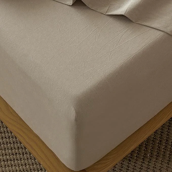 Original Design MooMee Fitted Bottom Sheet Only Washed Cotton Linen Like Textured Breathable Durable Soft Comfy Deep Pocket Fits Mattress up to 17 quot Mocha Brown Queen Sustainable