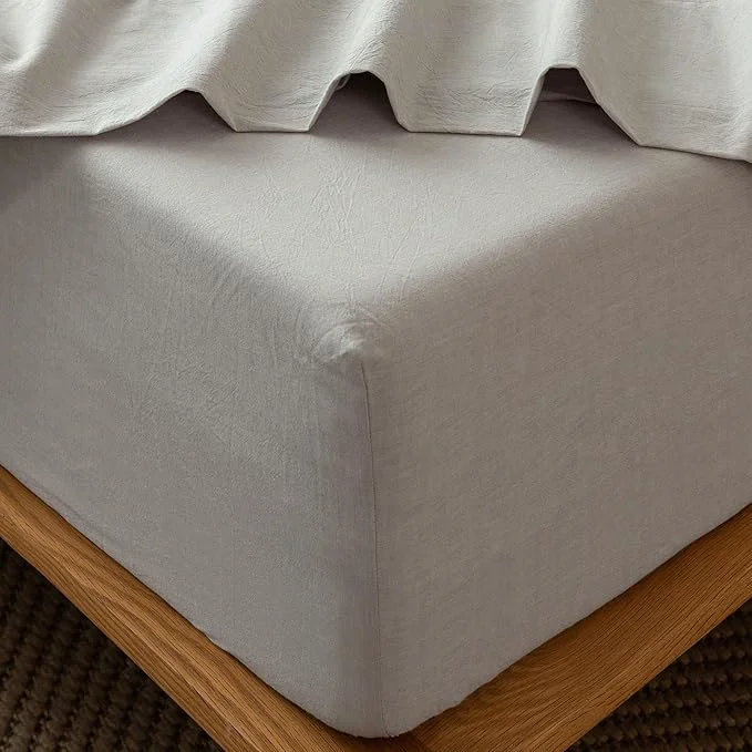 Genuine MooMee Fitted Bottom Sheet Only Washed Cotton Linen Like Textured Breathable Durable Soft Comfy Deep Pocket Fits Mattress up to 17 quot Natural Linen King Smooth