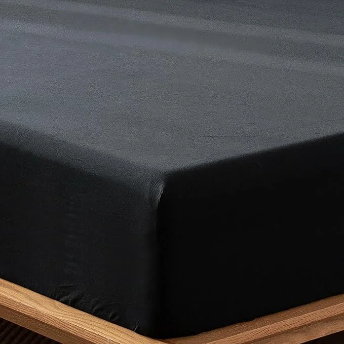 MooMee Fitted Bottom Sheet Only Washed Cotton Linen Like Textured Breathable Durable Soft Comfy Deep Pocket Fits Mattress up to 17 quot Black King Enhanced