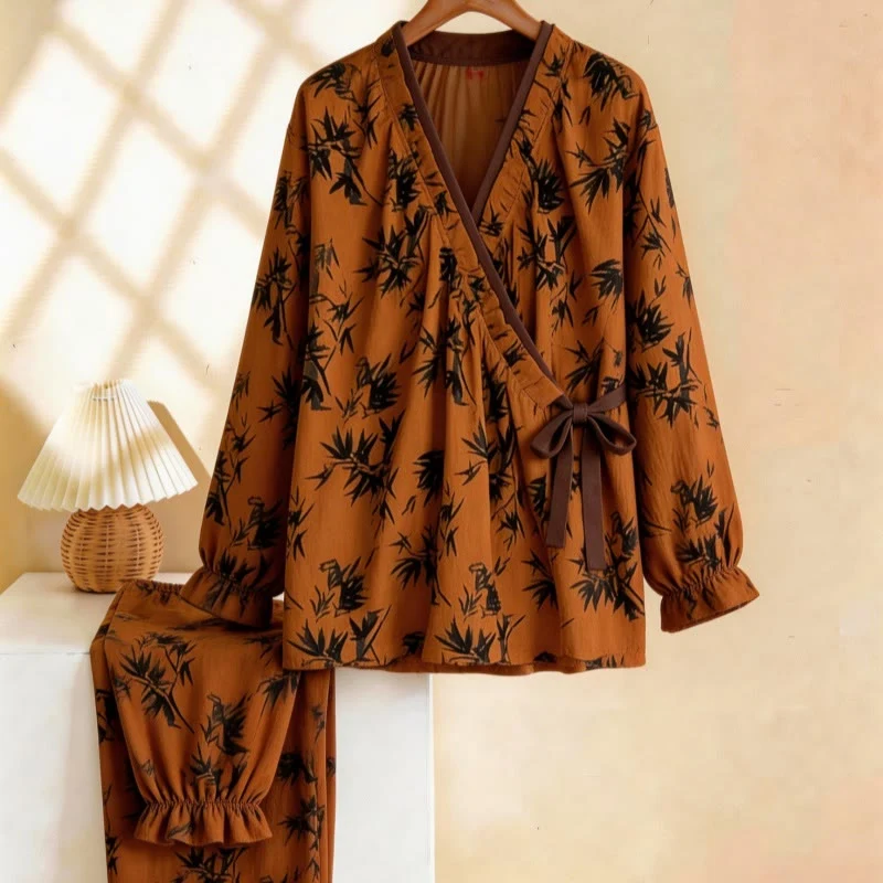 Official Ownkoti Ruffled Neck Leaf Print Pajama Set Superior