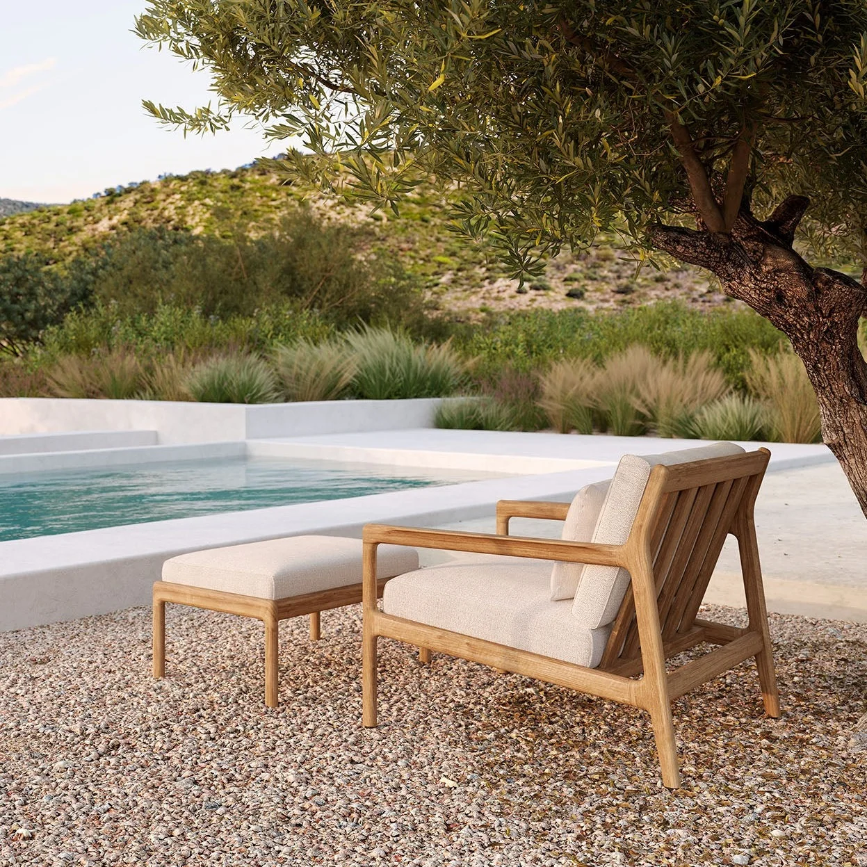 Elegant Jack Solid Teak Outdoor Lounge Chair Off White Fabric Flexible