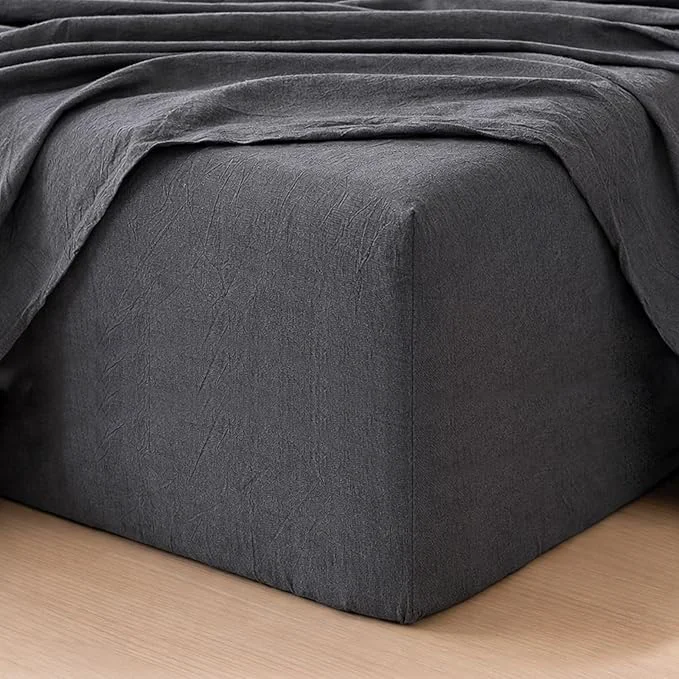 High-End MooMee Fitted Bottom Sheet Only Washed Cotton Linen Like Textured Breathable Durable Soft Comfy Deep Pocket Fits Mattress up to 17 quot Dark Grey Twin Trendy