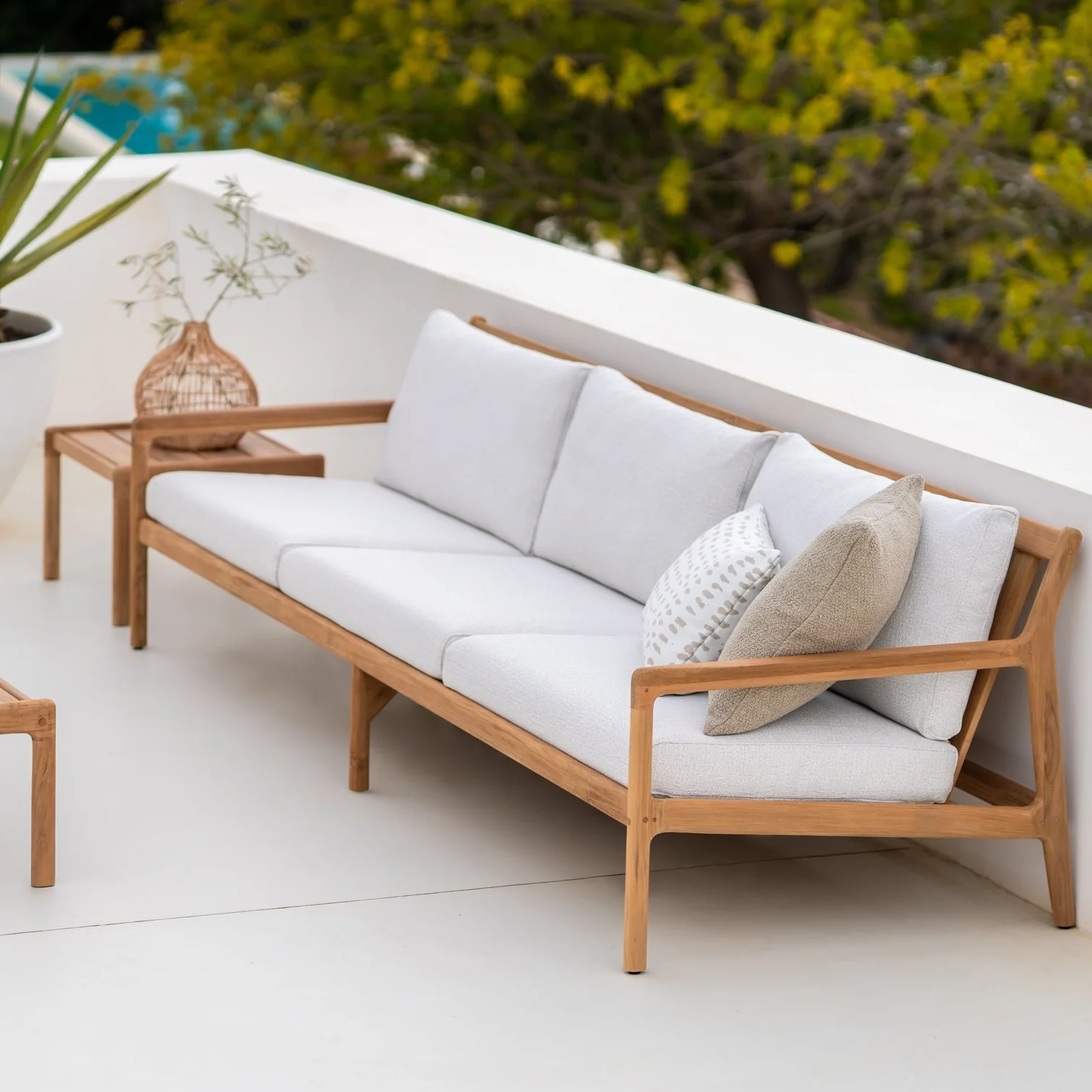 Innovative Jack Solid Teak Outdoor 3 Seater Sofa Off White Fabric Eco-Friendly