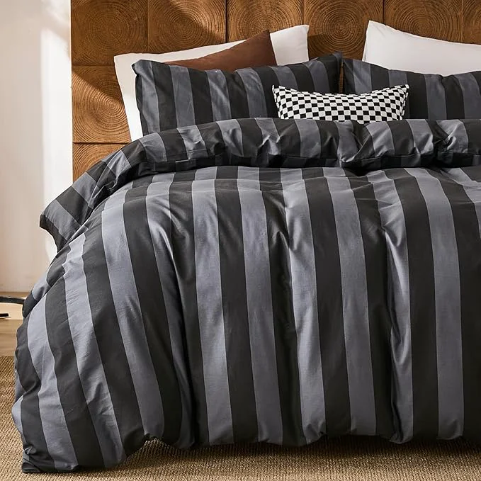 Eco-Friendly Merryword Black and Gray Striped Duvet Cover Set Queen Size - Cotton Bedding Set with Zipper amp Corner Ties 3-Piece Luxury Linen Like Bedding Set for All Seasons Practical
