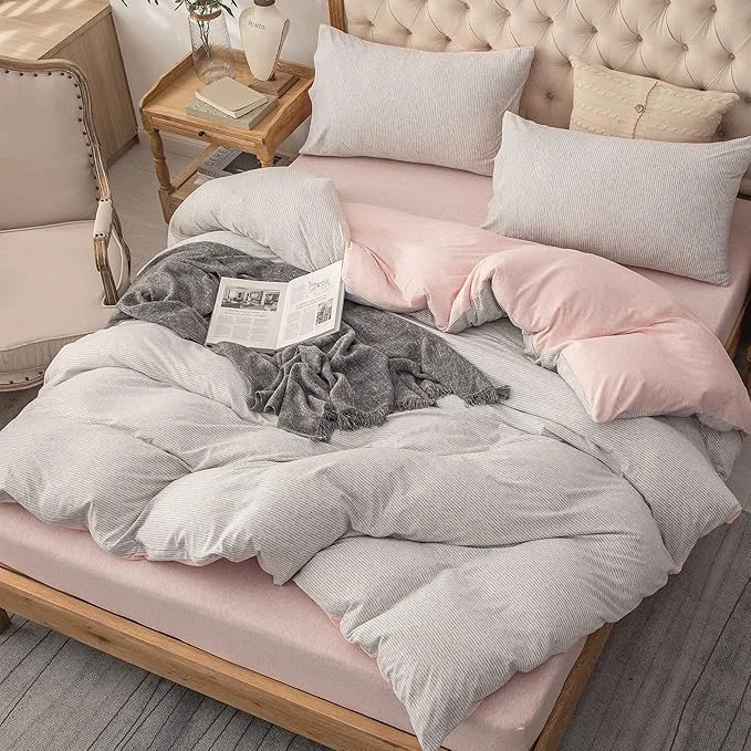 PURE ERA Jersey Knit Duvet Cover Set T-Shirt Heather Cotton Super Soft Comfy Classic Striped Design with Zipper Closure Grey Light Pink Pinstripe Queen Certified