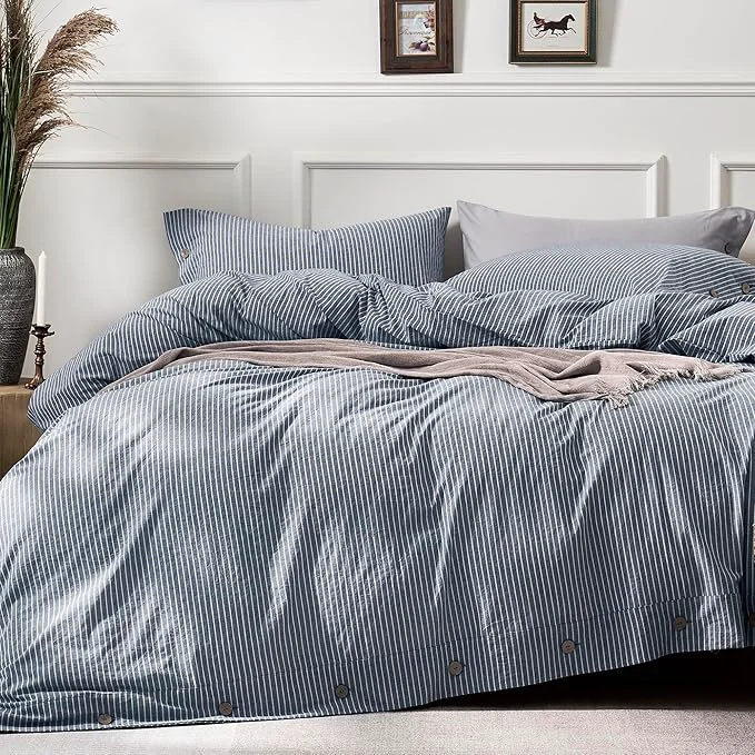 Selected JELLYMONI Cotton Duvet Cover Twin Size - Blue Vertical Pinstriped Comforter Cover with Button Washed Cotton 2PCS Breathable Soft Solid Bedding Set Duvet Cover 68×90in amp 1 Pillowcase NO Insert Crafted