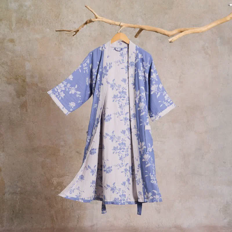 High-End Ownkoti Double Gauze Elegant Floral Cotton Kimono Robe Refined