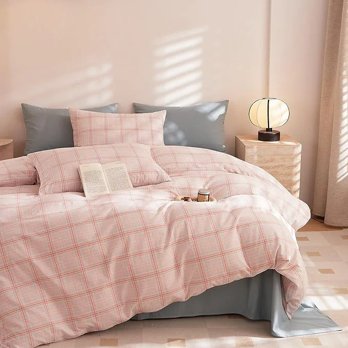 Traditional EAVD Pink Grey Grid Plaid Duvet Cover King Washed Cotton Bedding Set 3 Pieces Modern Farmhouse Gingham Duvet Cover with 2 Pillowcases Reversible Grid Checkered Bedding Set with Zipper Closure Relaxed