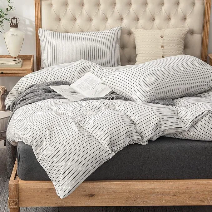 Organic PURE ERA Jersey Knit Duvet Cover Set T-Shirt Heather Cotton Super Soft Comfy Classic Striped Design with Zipper Closure Heather White amp Black Pinstripe Full Solid