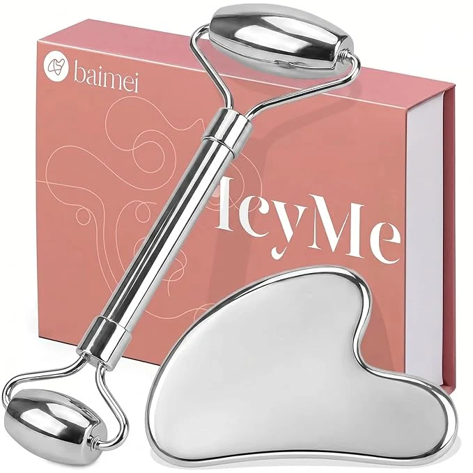 Genuine BAIMEI Stainless Steel Gua Sha Face Roller Set Facial Massage Tool Organic