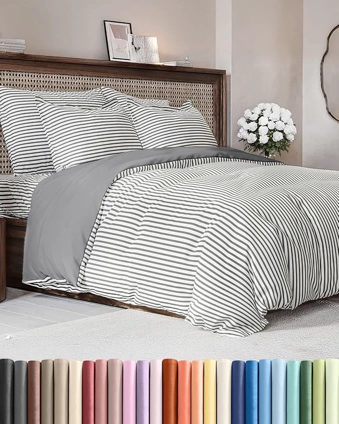 Authentic Duvet Cover Queen Size Set - Extra Soft Queen Duvet Cover 90 quot x 90 quot with 2 Pillow Shams - Hotel Luxury Easy Care amp Fade with Zipper Closures amp Ties - Comfy Cozy and Breathable Grey Stripes Exceptional