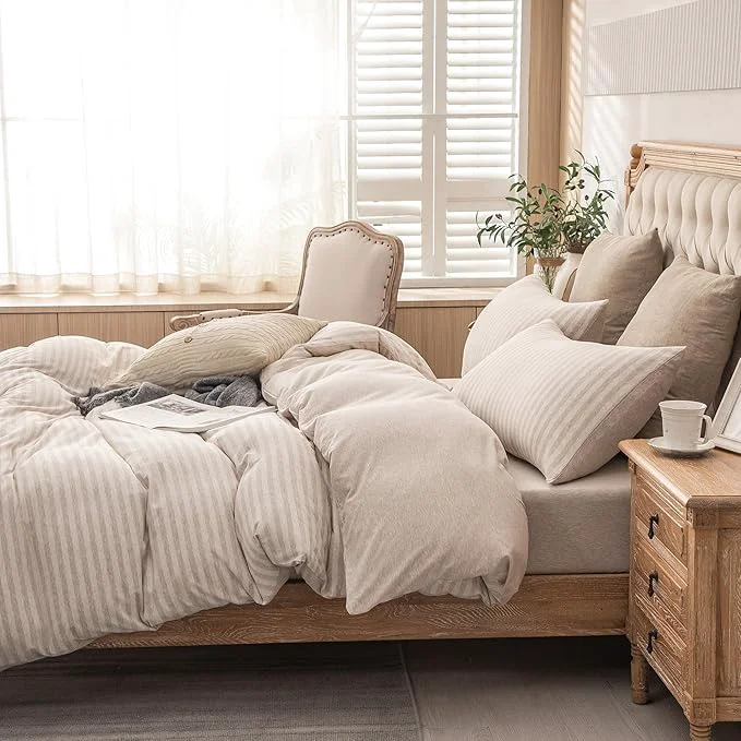 Sustainable PURE ERA Jersey Knit Duvet Cover Set T-Shirt Heather Cotton Super Soft Comfy Classic Striped Design with Zipper Closure Heather Beige Stripe King Superior