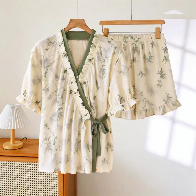 Lightweight Ownkoti Elegant Bamboo Leaf Ruffle Sleeve Pajamas Dependable