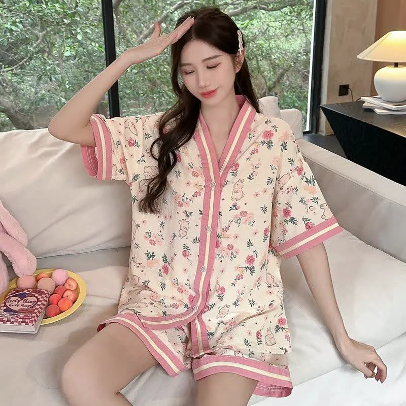 Relaxed Ownkoti Floral Bunny Short Sleeve Pajama Set Modern