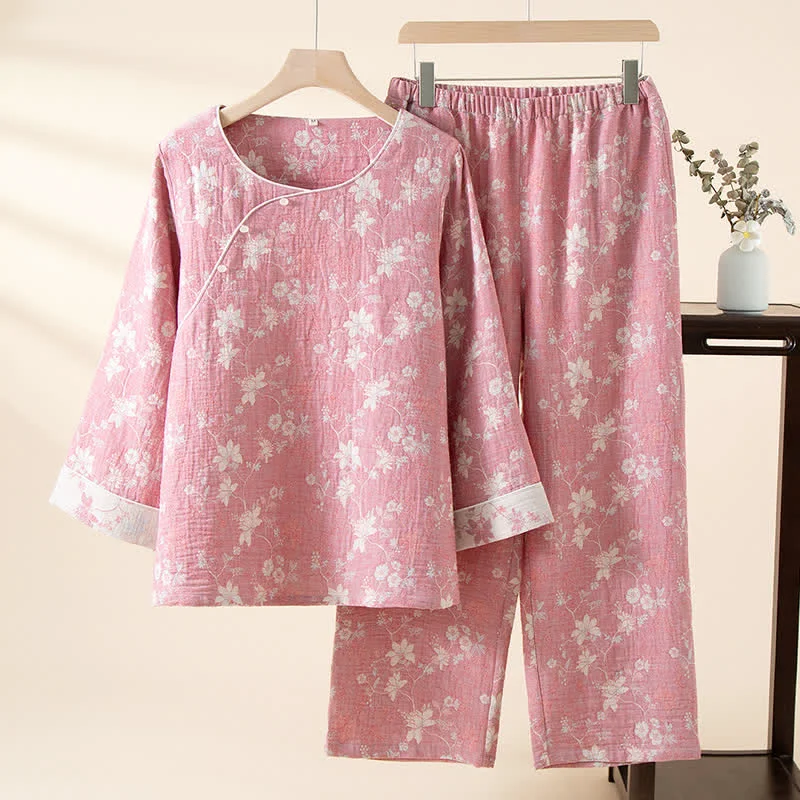 Comfortable Ownkoti Oriental Pink Floral Cotton Linen Pajamas Top-Quality