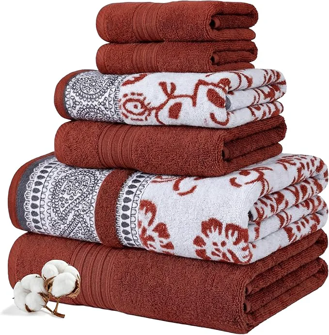 Natural Modern Threads Floral Trail 6-Piece Cotton Towel Set – Reversible Yarn Crafted