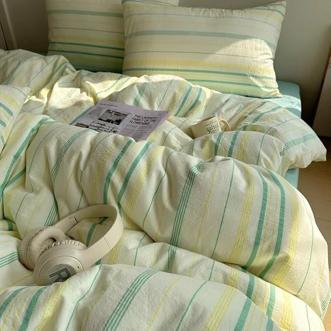 Comfortable EAVD Retro Striped Duvet Cover Set Full Size Soft Cotton Vintage Yellow Green Stripes Pattern Bedding Set with 2 Pillowcases Reversible Farmhouse Geometric Printed Duvet Cover with Zipper Classic