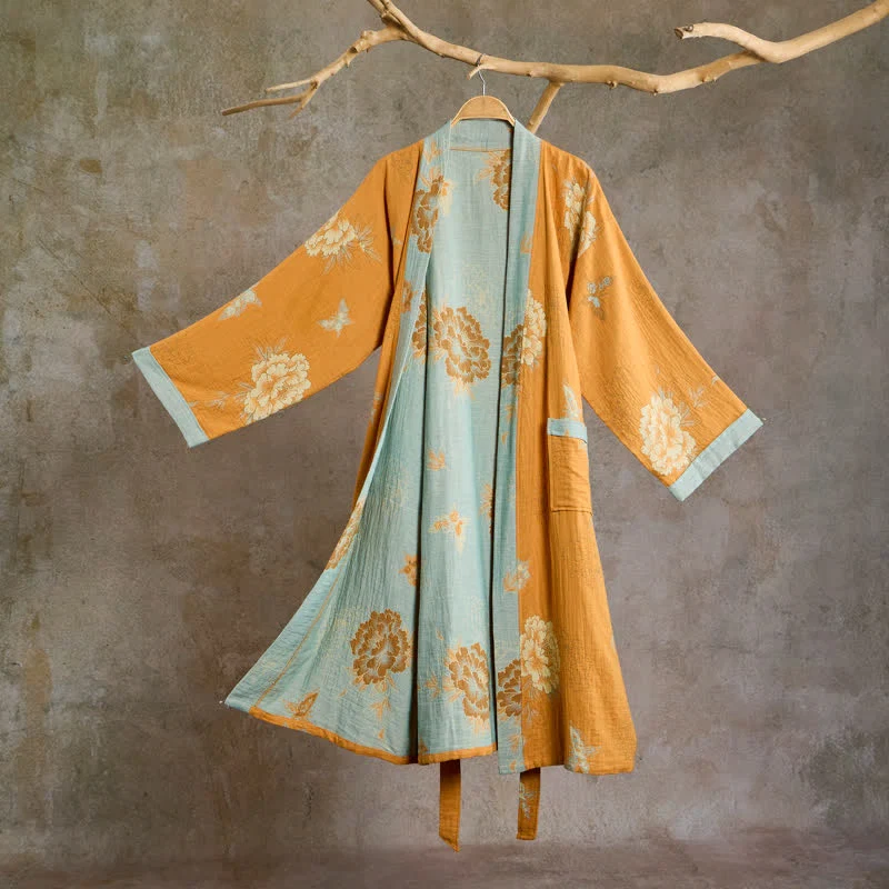 Versatile Ownkoti Yellow Peony Cotton Gauze Kimono Robe User-Friendly